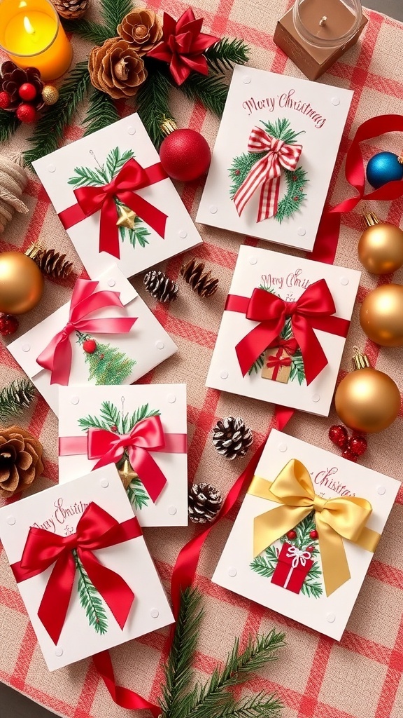 A variety of DIY Christmas cards decorated with ribbons, displayed on a festive table.